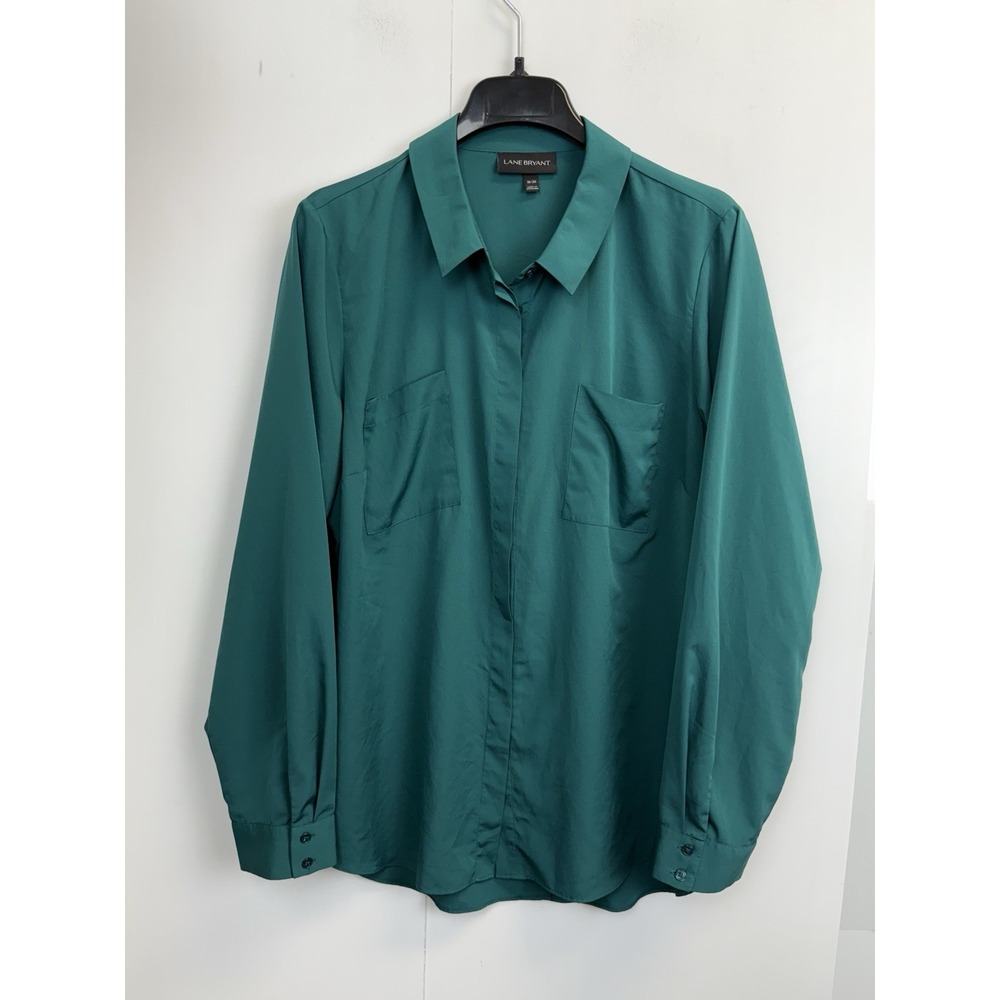 Lane Bryant Womens 18-20 Green Button Front Shirt V-Neck Top Pockets Long Sleeve